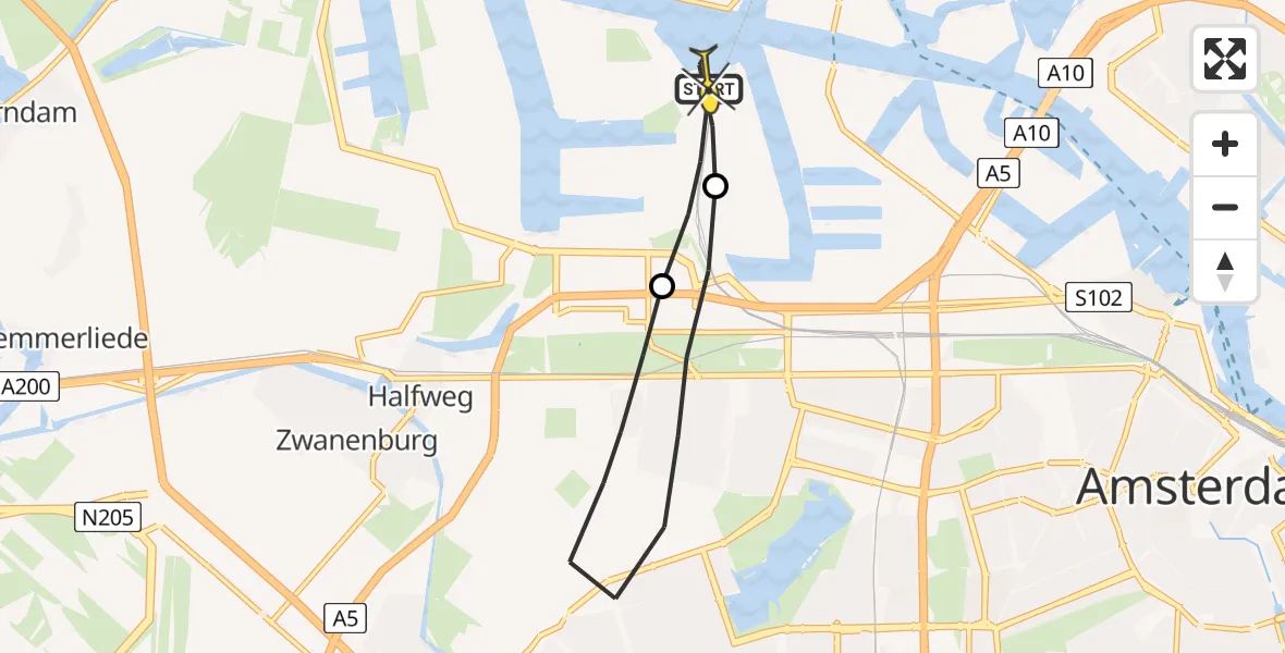 Routekaart van de vlucht: Lifeliner 1 naar Amsterdam Heliport, Nieuw-Zeelandweg