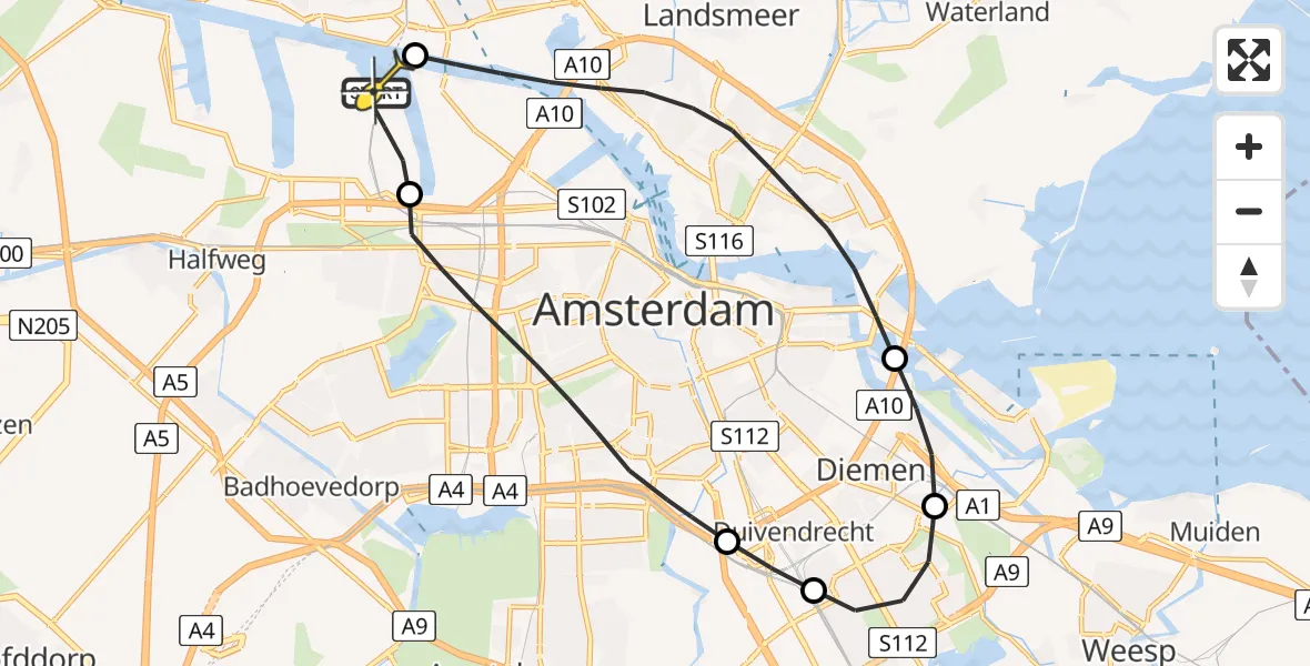 Routekaart van de vlucht: Lifeliner 1 naar Amsterdam Heliport, Basisweg