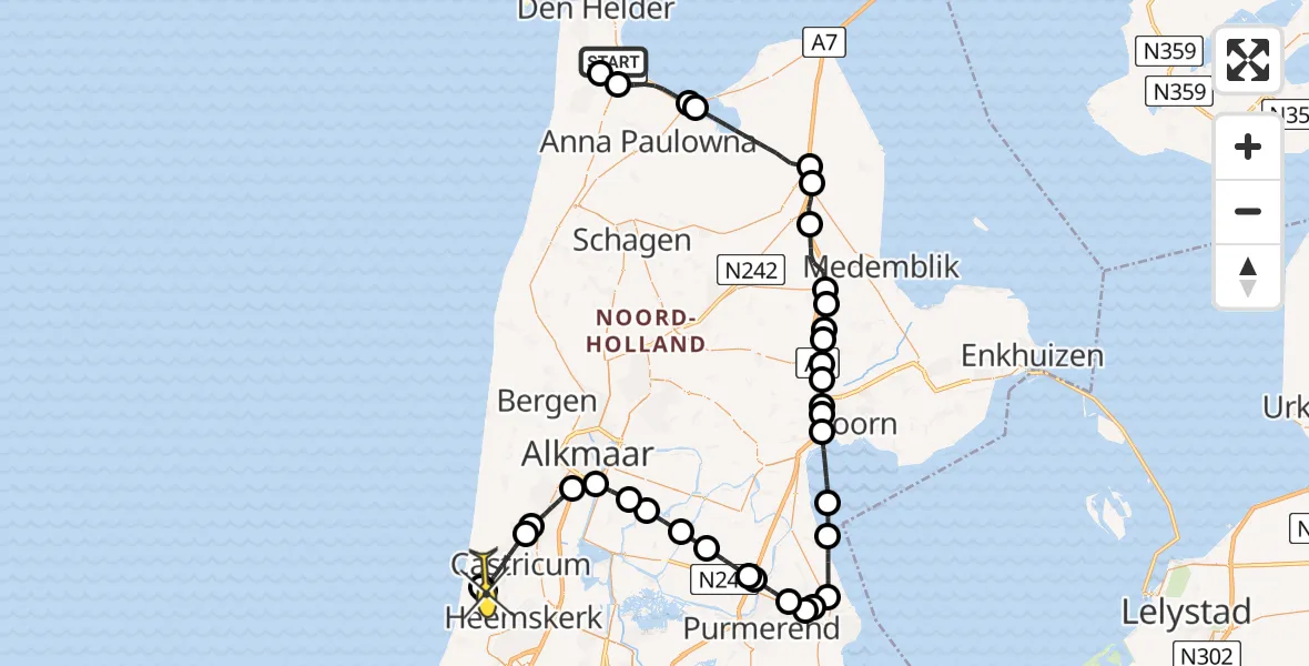 Routekaart van de vlucht: Kustwachthelikopter naar Castricum, Middenvliet