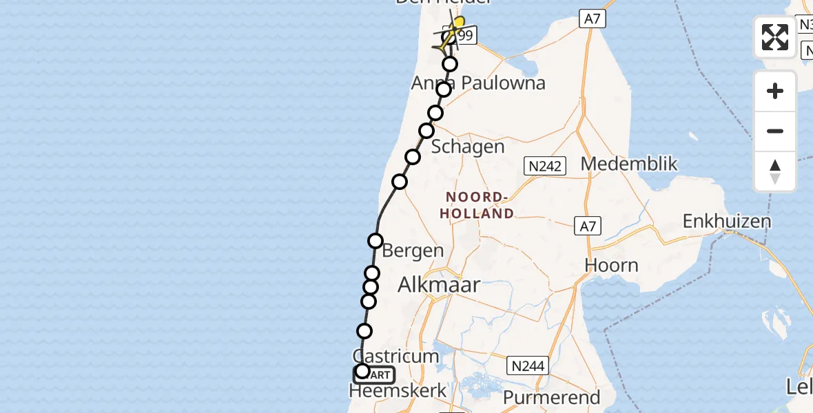 Routekaart van de vlucht: Kustwachthelikopter naar Vliegveld De Kooy, Zwarteweg