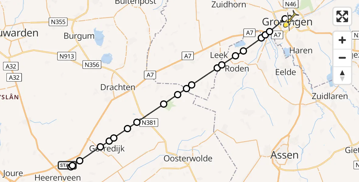 Routekaart van de vlucht: Lifeliner 4 naar Universitair Medisch Centrum Groningen, Sportvisplas Zestienroeden