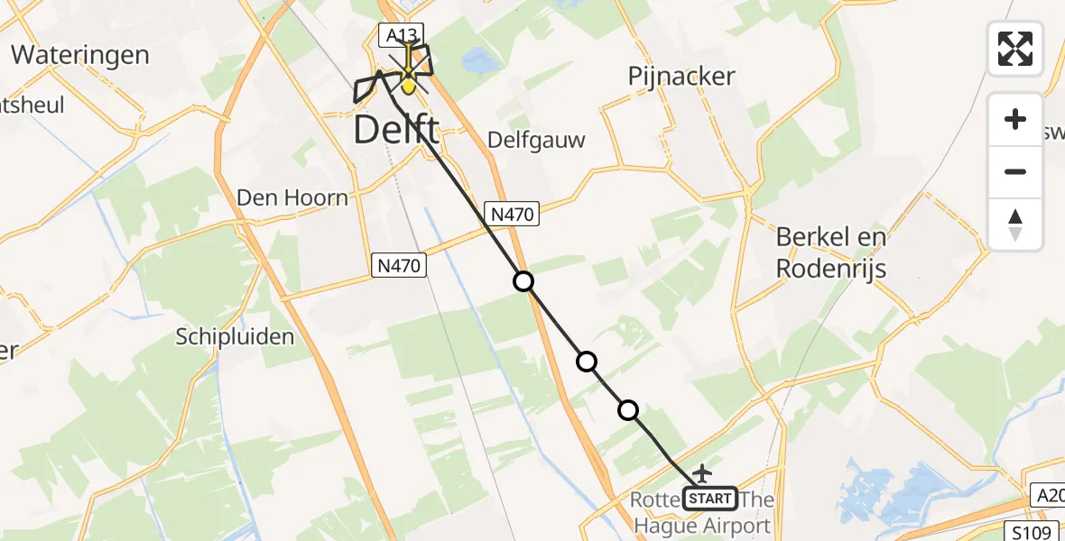 Routekaart van de vlucht: Lifeliner 2 naar Delft, Schieveense polder