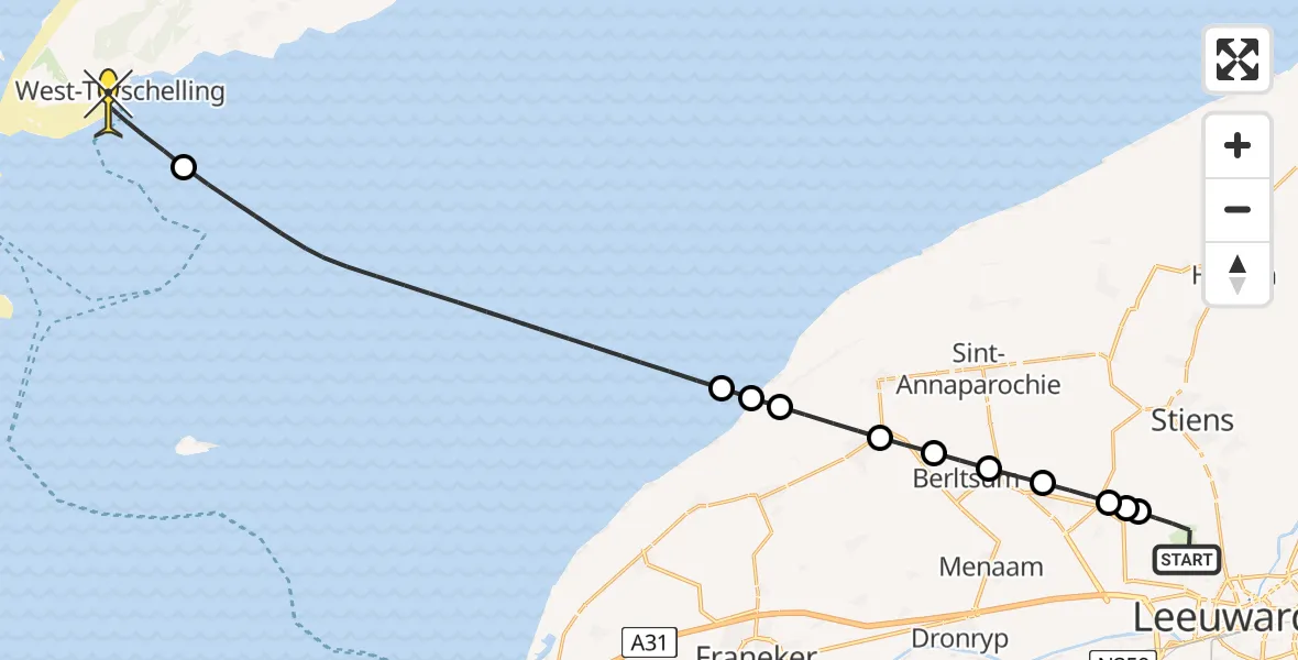 Routekaart van de vlucht: Ambulanceheli naar West-Terschelling, Keegsdijkje