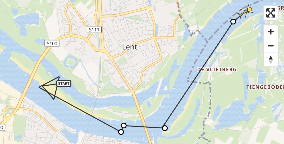 Routekaart van de vlucht: Politiehelikopter naar Ooij, Het Meertje