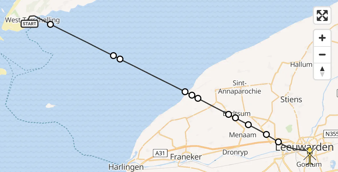 Routekaart van de vlucht: Ambulanceheli naar Leeuwarden, Burgemeester van Heusdenweg