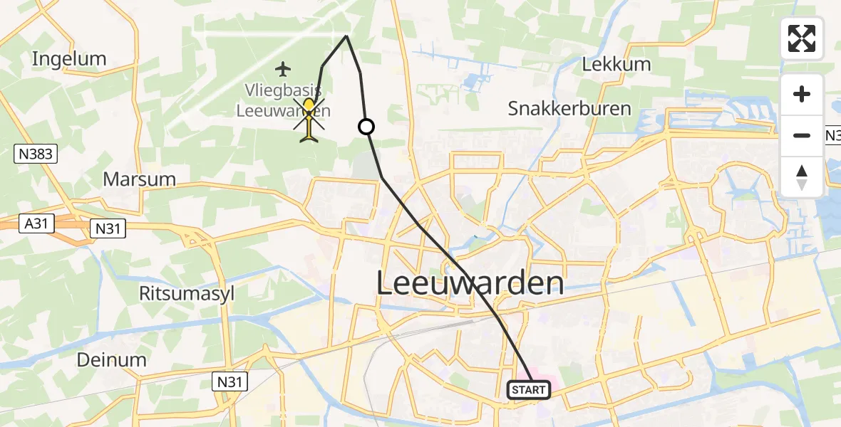 Routekaart van de vlucht: Ambulancehelikopter naar Vliegbasis Leeuwarden, Hollanderdijk