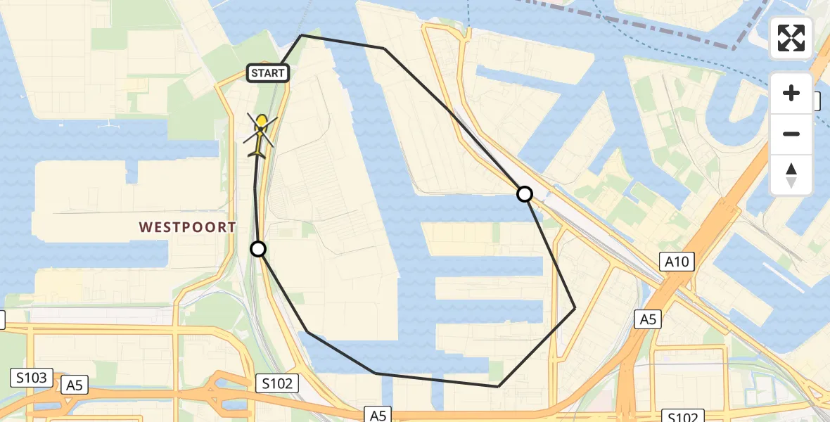 Routekaart van de vlucht: Lifeliner 1 naar Amsterdam Heliport, Westhavenweg
