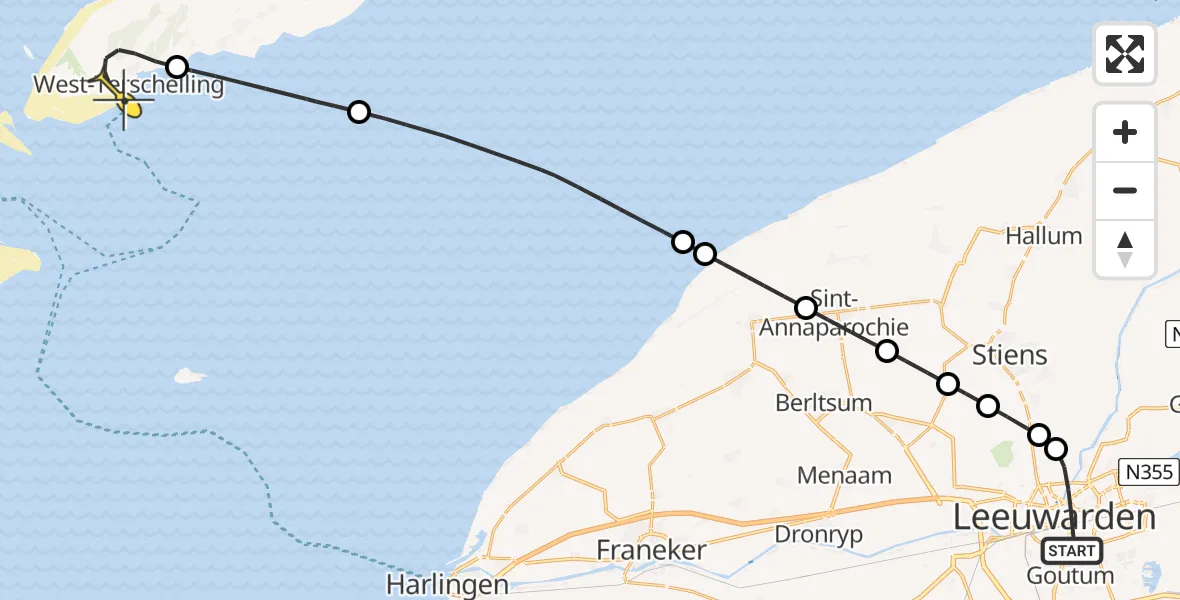 Routekaart van de vlucht: Ambulanceheli naar West-Terschelling, Droevendal