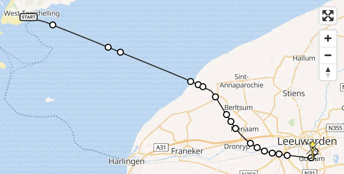 Routekaart van de vlucht: Ambulanceheli naar Leeuwarden, De Kom