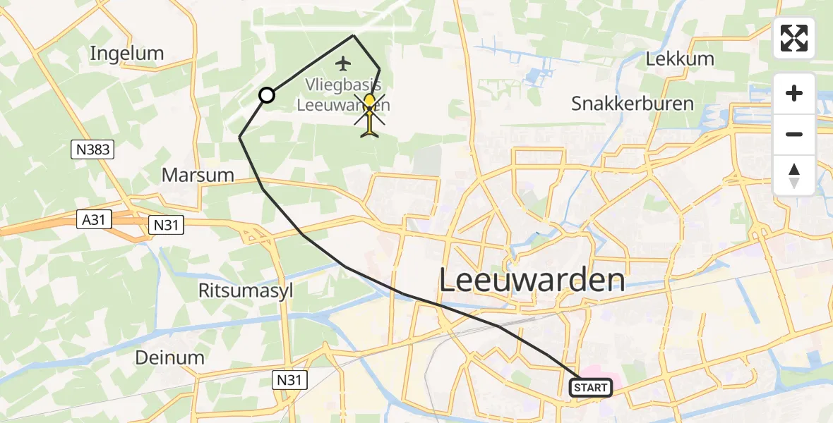 Routekaart van de vlucht: Ambulancehelikopter naar Vliegbasis Leeuwarden, Aldlânsdyk