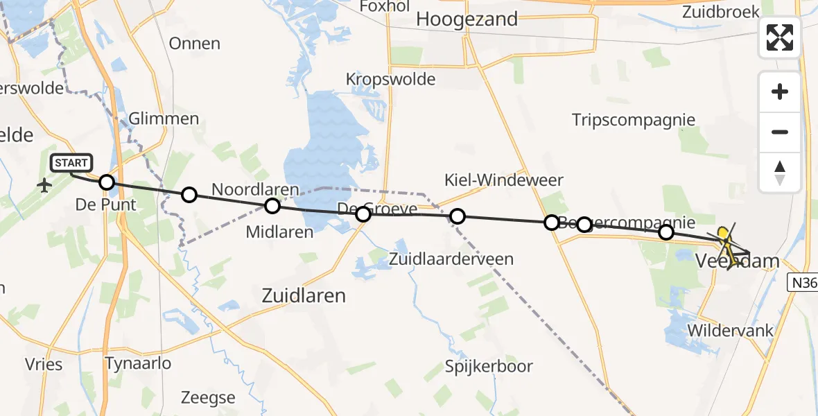 Routekaart van de vlucht: Lifeliner 4 naar Veendam, Burgemeester J.G. Legroweg