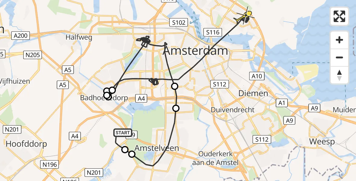 Vluchtroute Politiehelikopter van Schiphol naar Amsterdam