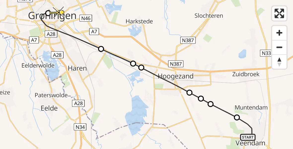 Routekaart van de vlucht: Lifeliner 4 naar Universitair Medisch Centrum Groningen, Beneden Westerdiep