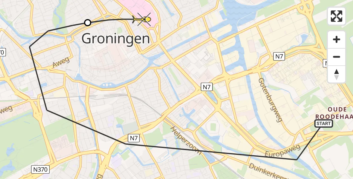 Routekaart van de vlucht: Lifeliner 4 naar Universitair Medisch Centrum Groningen, Papiermolenlaan