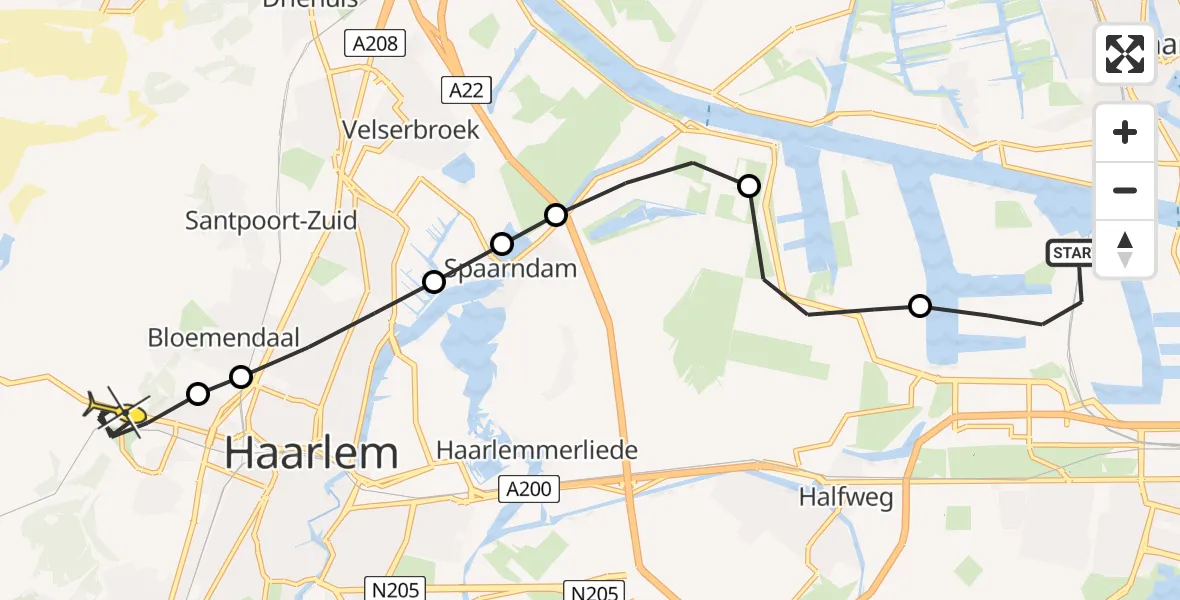 Routekaart van de vlucht: Lifeliner 1 naar Overveen, Amerikahavenweg