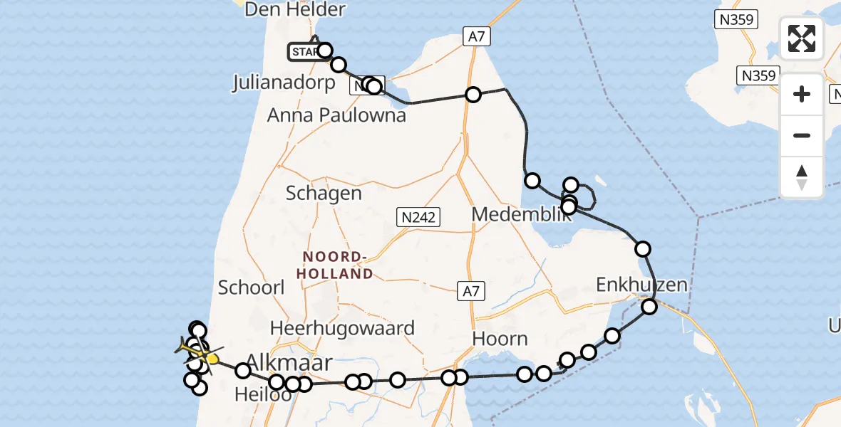 Routekaart van de vlucht: Kustwachthelikopter naar Egmond aan den Hoef, Oostoeverweg