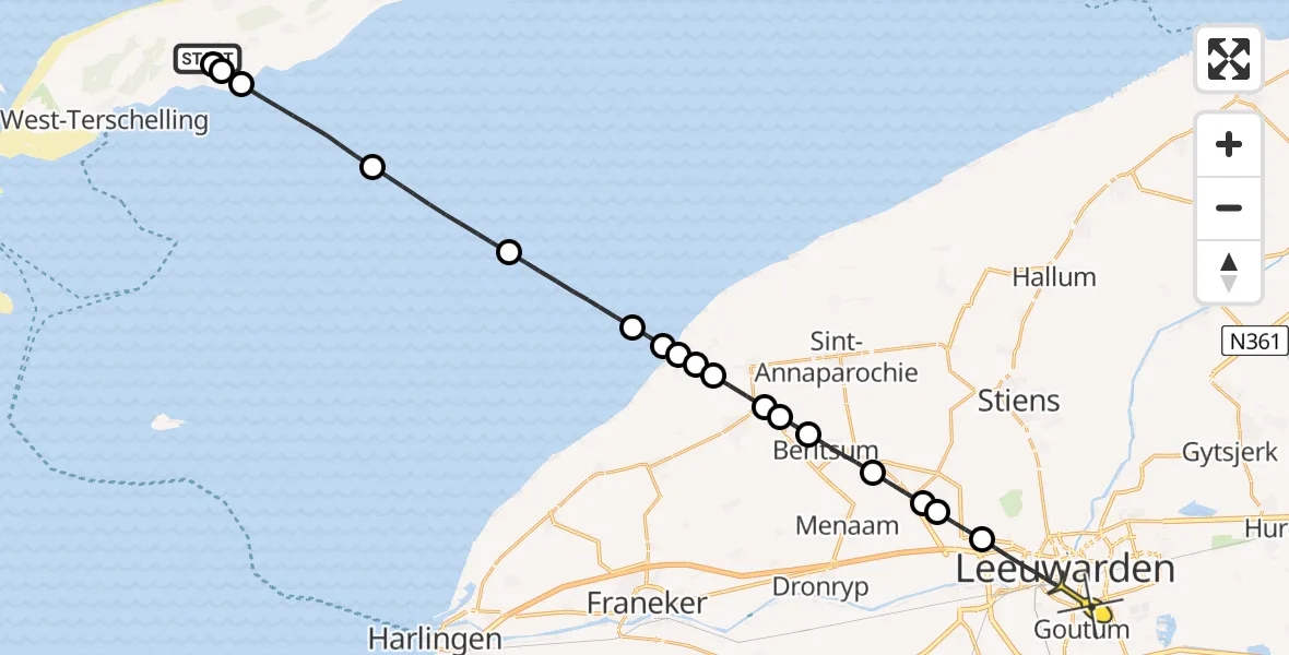 Routekaart van de vlucht: Ambulancehelikopter naar Leeuwarden, Seerijp