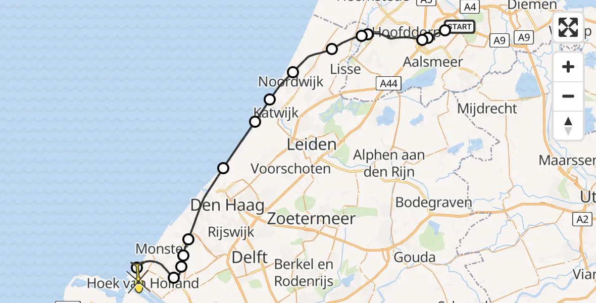 Routekaart van de vlucht: Politiehelikopter naar Hoek van Holland, Thermiekstraat