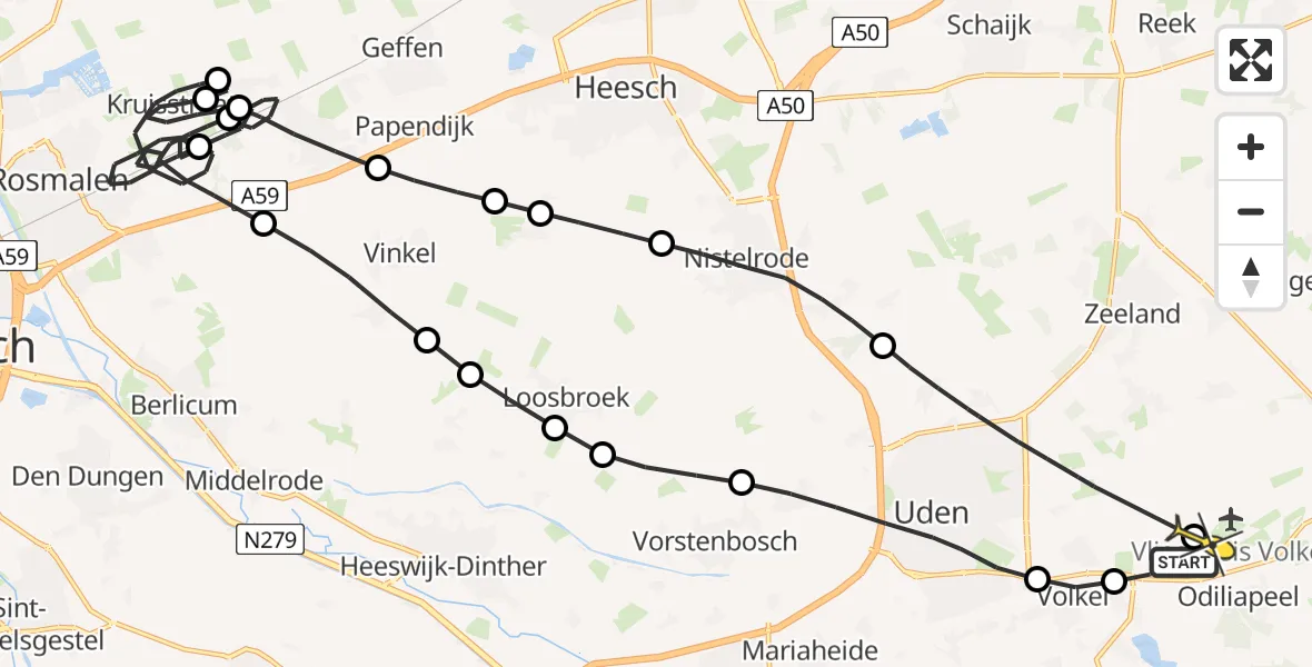 Vluchtroute Politiehelikopter van Vliegbasis Volkel naar Vliegbasis Volkel