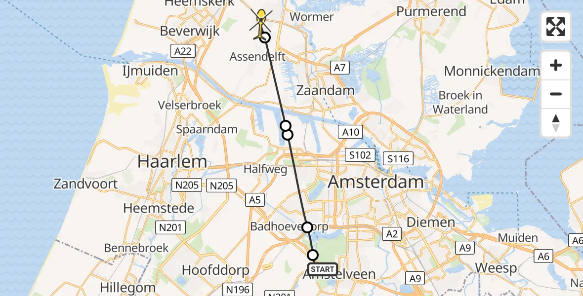 Routekaart van de vlucht: Politiehelikopter naar Assendelft, Nieuwe Meerlaan