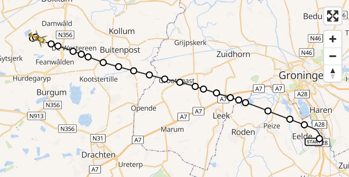 Vluchtroute Traumahelikopter Groningen Airport Eelde - Broeksterwâld, 23 maart 2025, 03:51