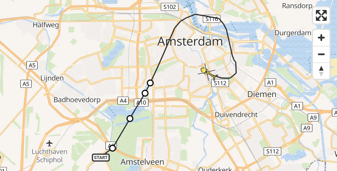 Vluchtroute Politiehelikopter van Schiphol naar Amsterdam