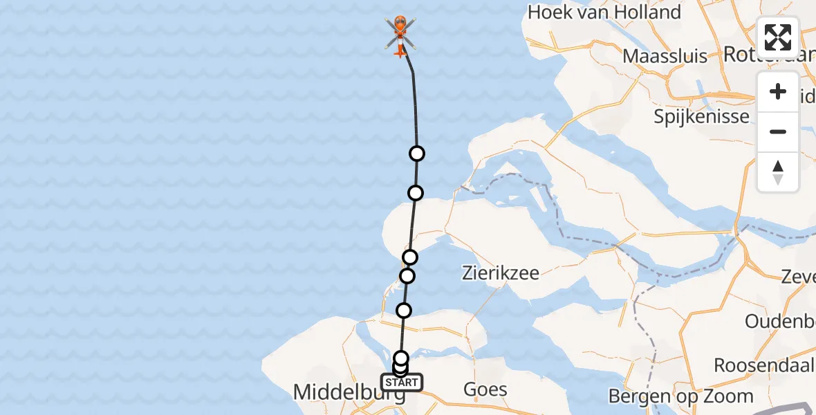 Vluchtroute Kustwachthelikopter Vliegveld Midden-Zeeland - , 23 maart 2025, 12:49
