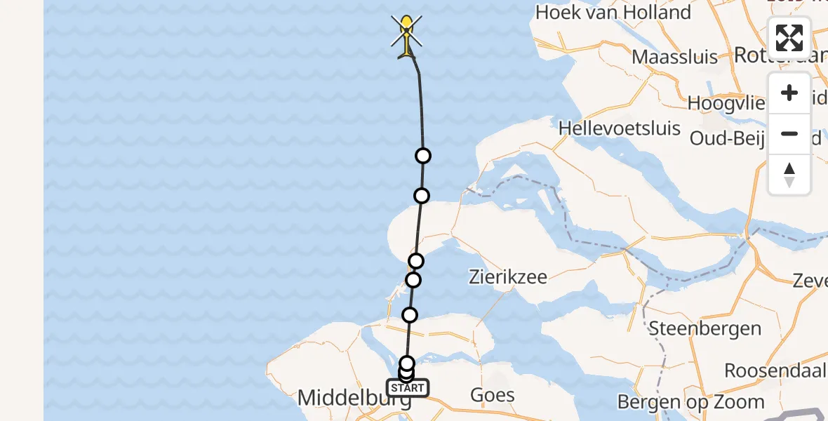 Routekaart van de vlucht: Kustwachthelikopter naar Bastiaan de Langeplaat
