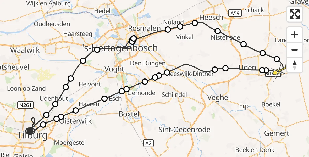 Vluchtroute Politiehelikopter van Vliegbasis Volkel naar Vliegbasis Volkel