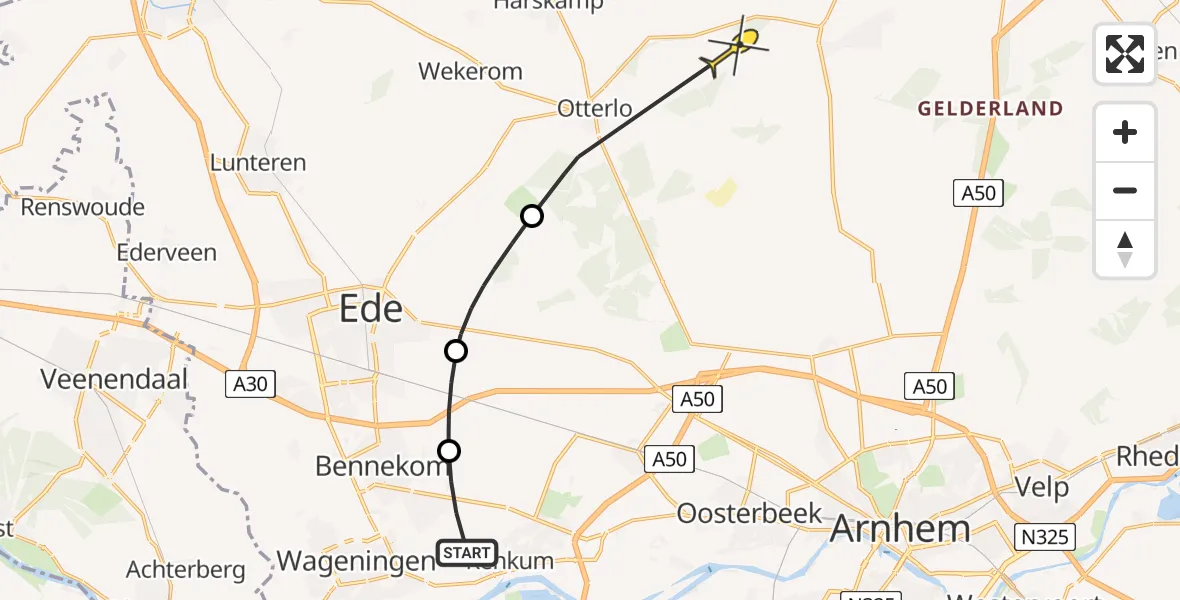 Routekaart van de vlucht: Politiehelikopter naar Hoenderloo, Sparrenbos