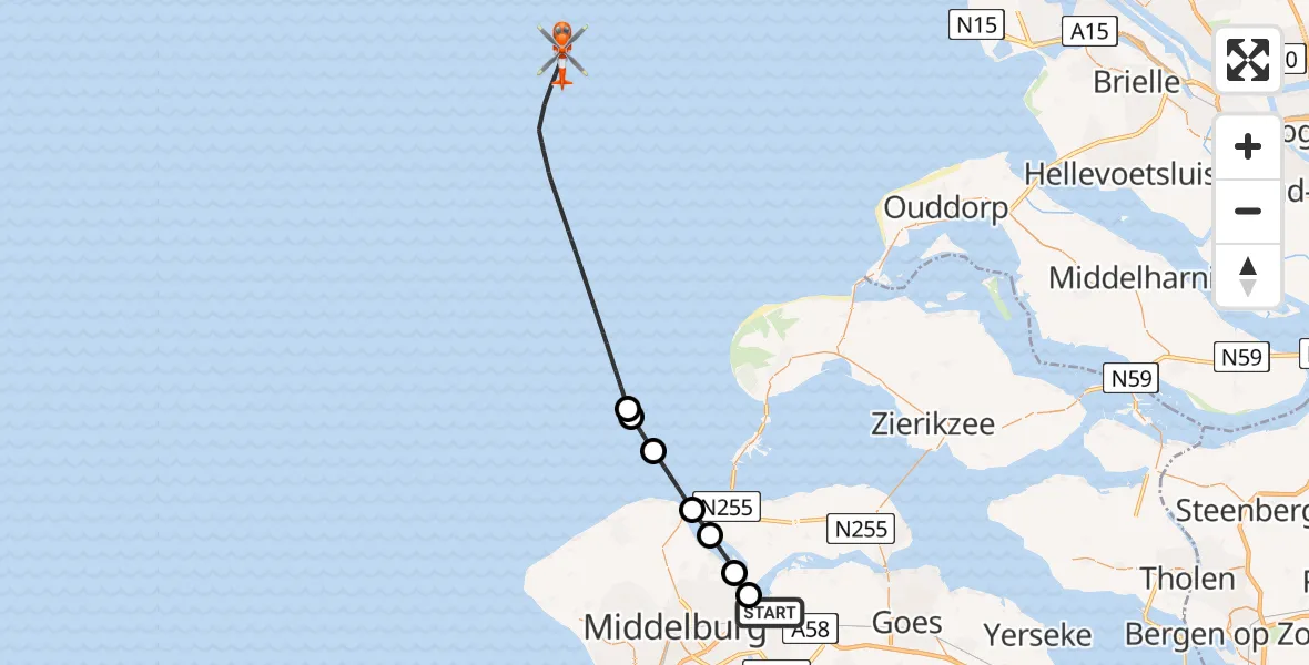 Vluchtroute Kustwachthelikopter Vliegveld Midden-Zeeland - , 24 maart 2025, 14:30