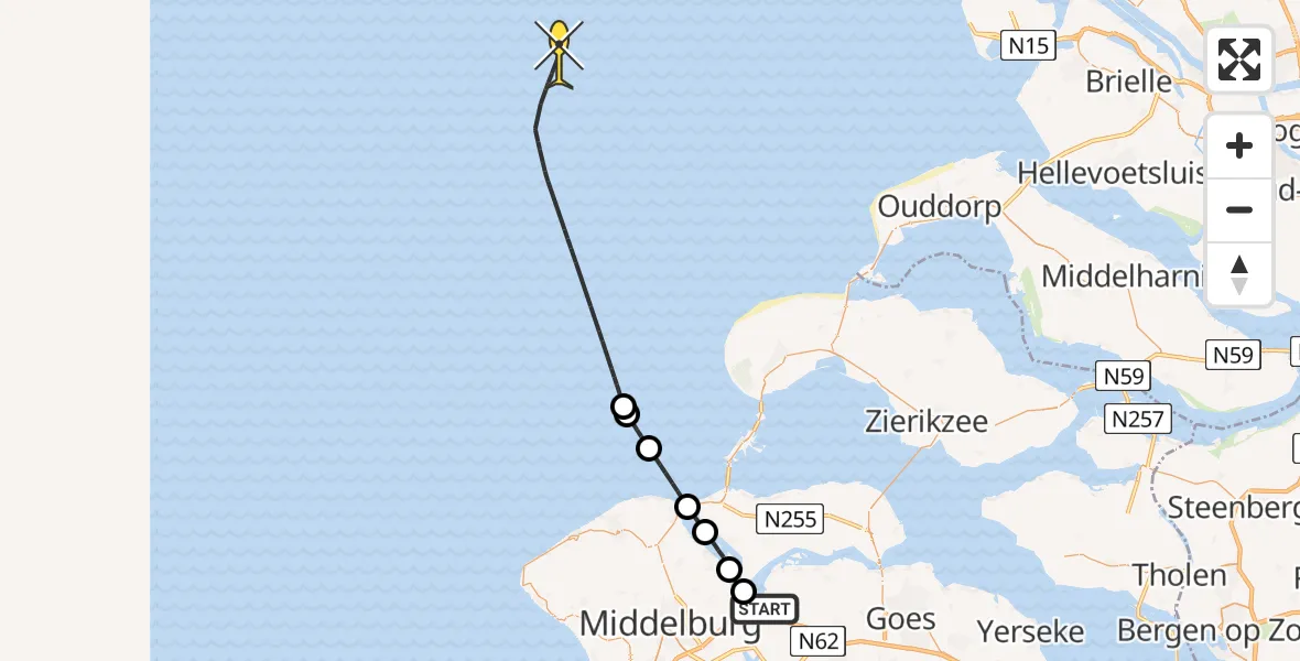 Routekaart van de vlucht: Kustwachthelikopter naar Lamsoor