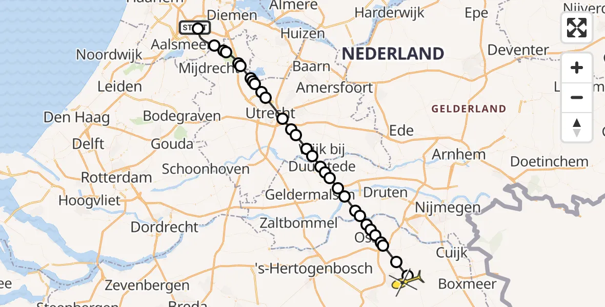 Vluchtroute Politiehelikopter van Schiphol naar Vliegbasis Volkel