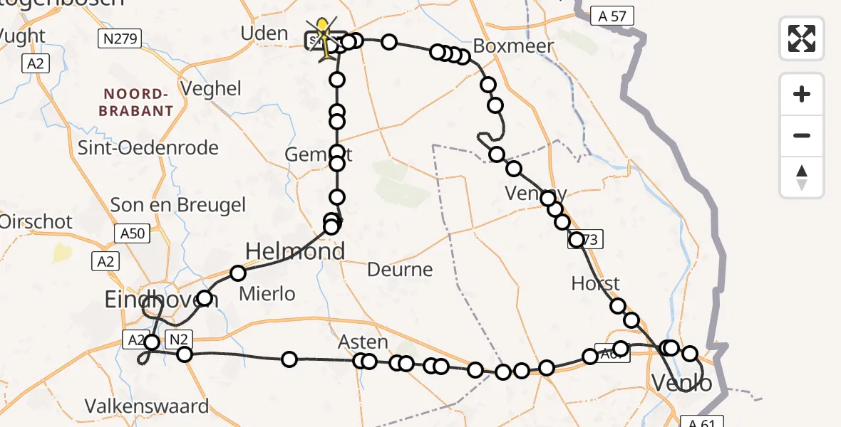 Vluchtroute Politiehelikopter van Vliegbasis Volkel naar Vliegbasis Volkel