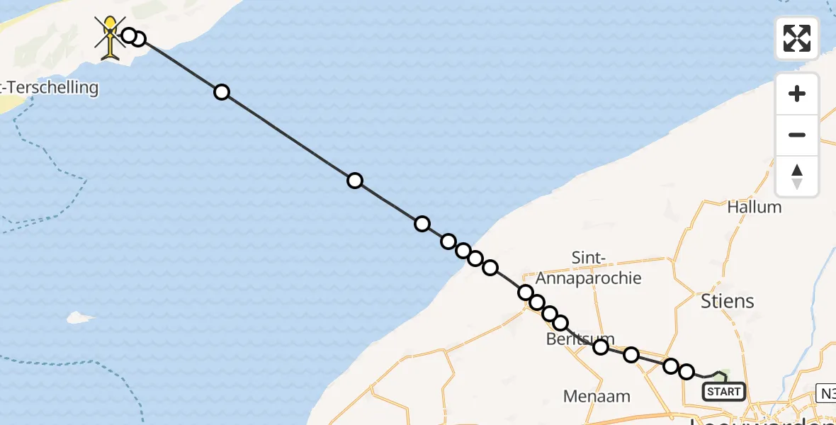 Routekaart van de vlucht: Ambulancehelikopter naar Midsland, Keegsdijkje