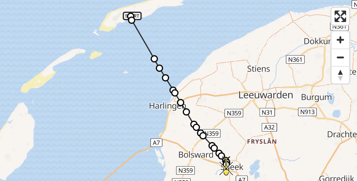 Routekaart van de vlucht: Ambulancehelikopter naar Sneek, Baaiduinen