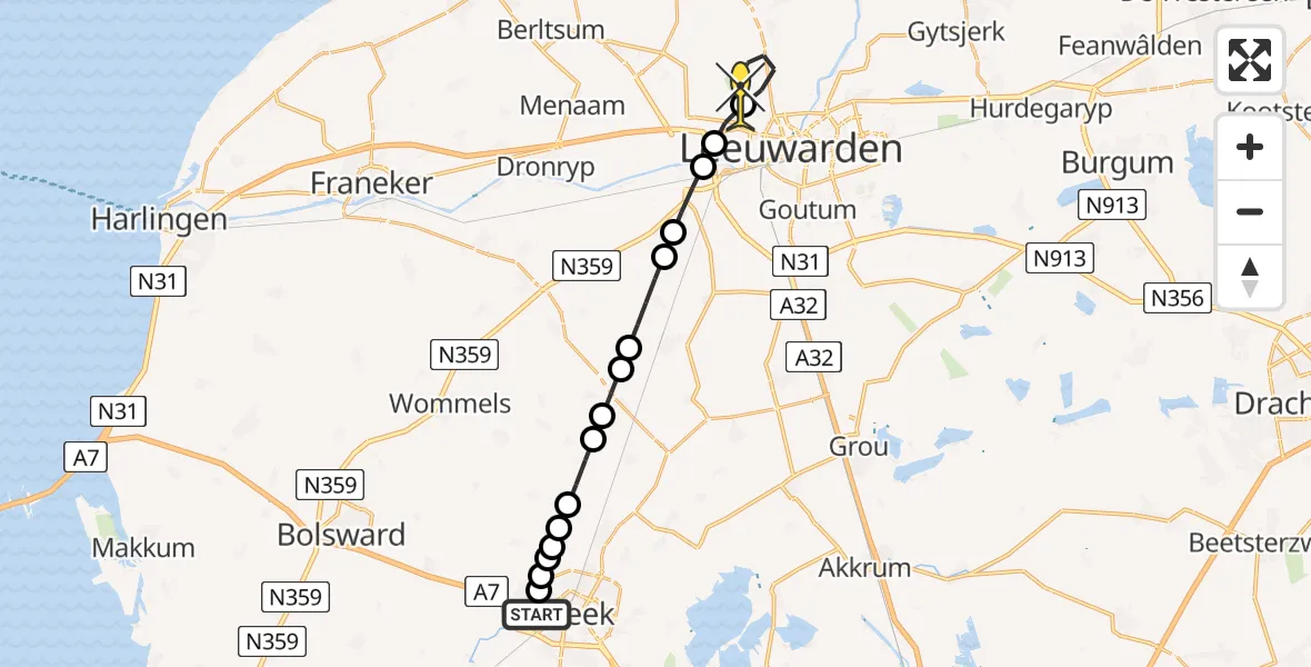 Routekaart van de vlucht: Ambulancehelikopter naar Vliegbasis Leeuwarden, Harinxmalaan