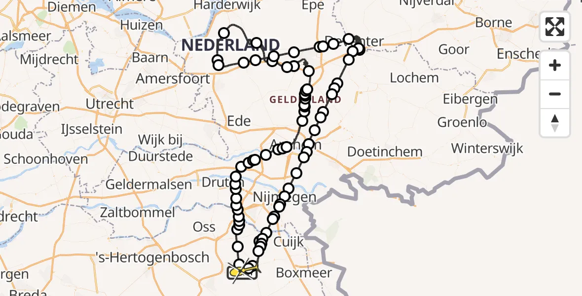 Vluchtroute Politiehelikopter van Vliegbasis Volkel naar Vliegbasis Volkel