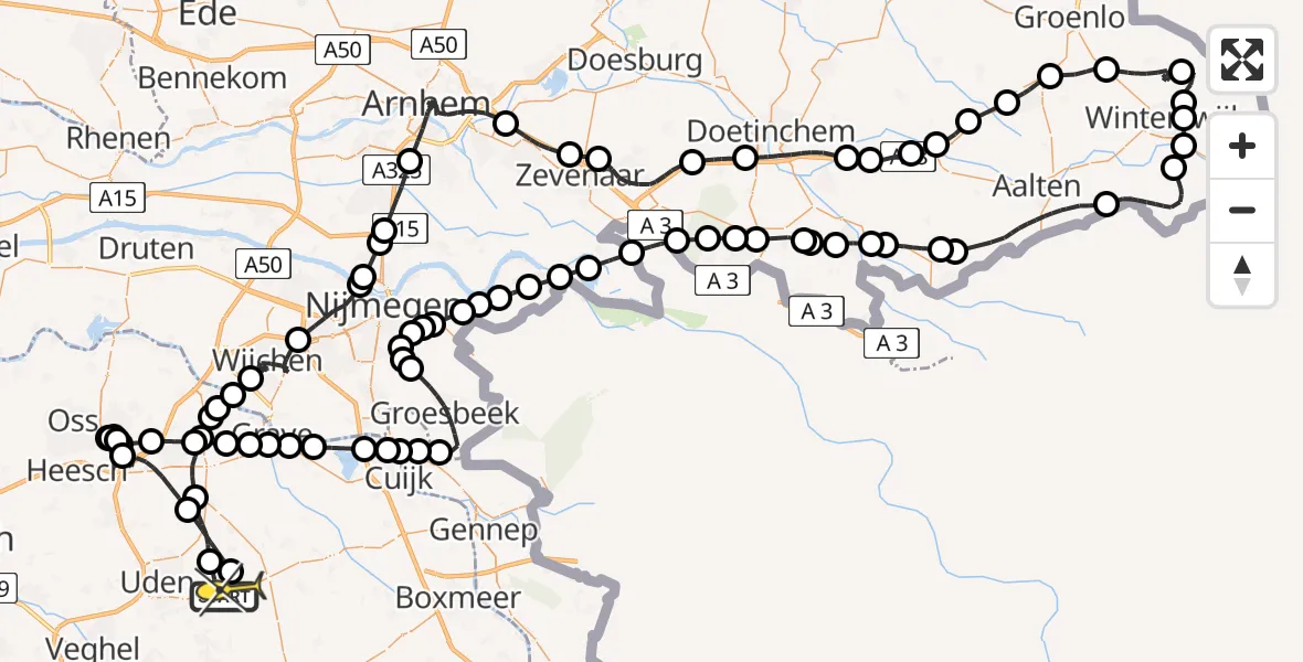 Vluchtroute Politiehelikopter van Vliegbasis Volkel naar Vliegbasis Volkel