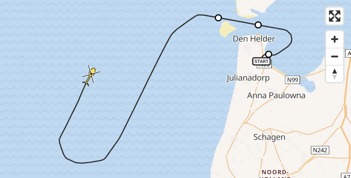 Vluchtroute Kustwachthelikopter van Vliegveld De Kooy naar 