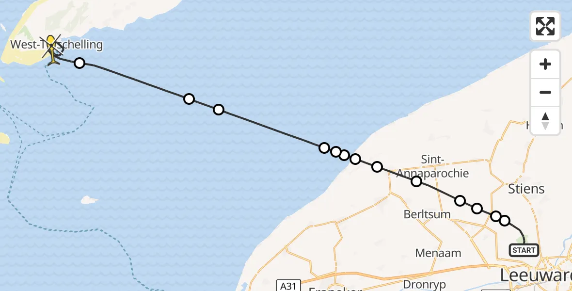 Routekaart van de vlucht: Ambulancehelikopter naar West-Terschelling, Keegsdijkje