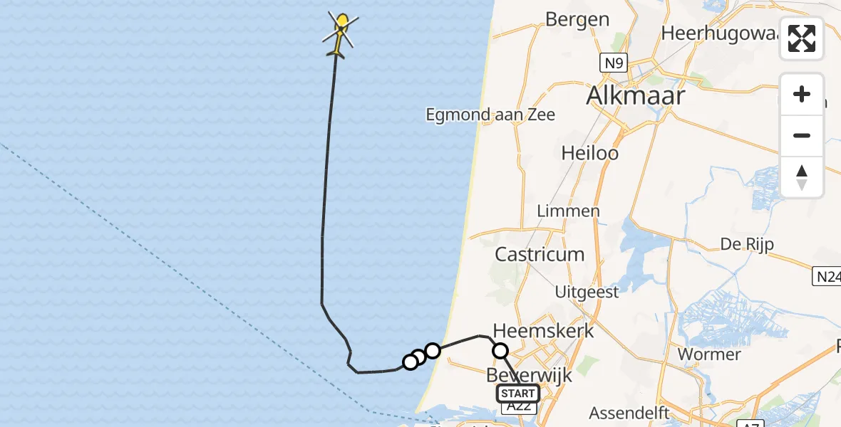 Routekaart van de vlucht: Kustwachthelikopter naar Vondellaan