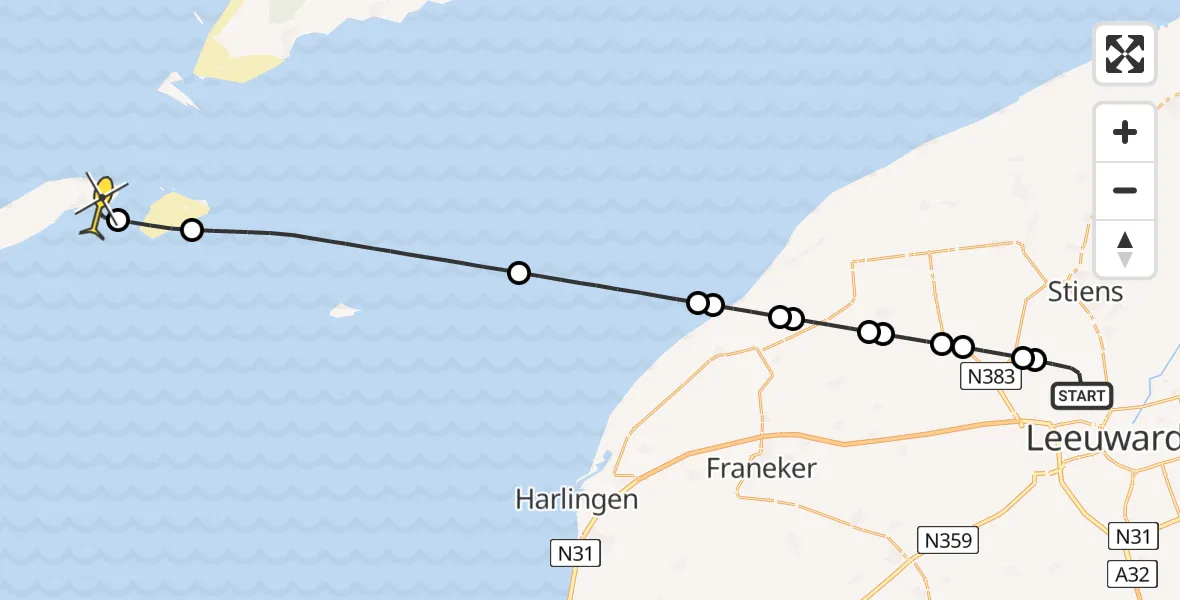 Routekaart van de vlucht: Ambulancehelikopter naar Vlieland Heliport, Keegsdijkje