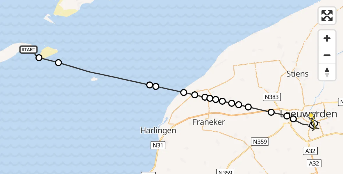 Routekaart van de vlucht: Ambulancehelikopter naar Leeuwarden, Aldlânsdyk