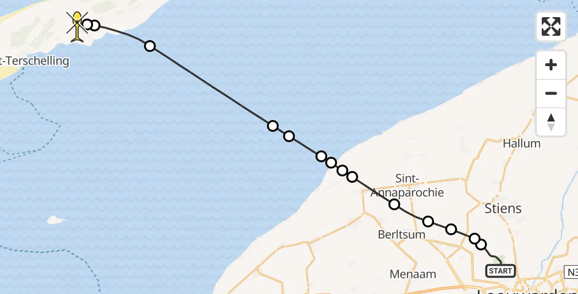 Routekaart van de vlucht: Ambulancehelikopter naar Midsland, Buitengebied Noordwest