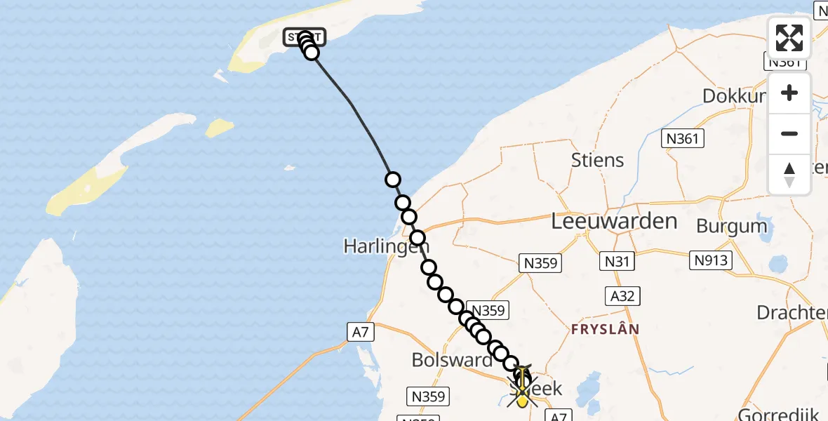 Routekaart van de vlucht: Ambulancehelikopter naar Sneek, Ponswiel