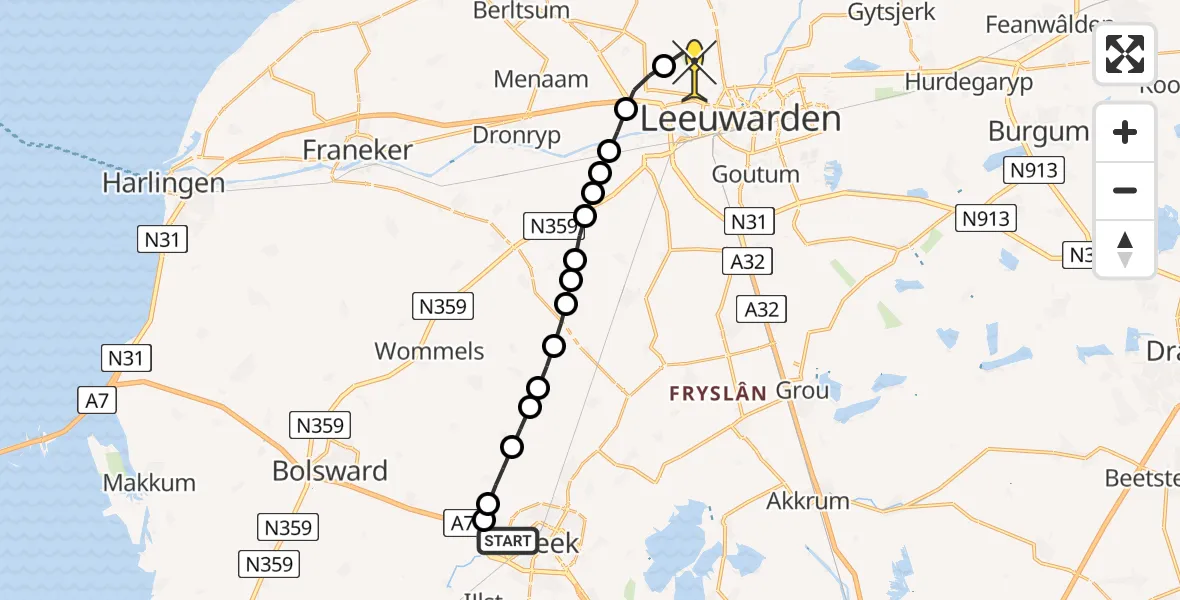 Routekaart van de vlucht: Ambulancehelikopter naar Vliegbasis Leeuwarden, Touwslagersstraat