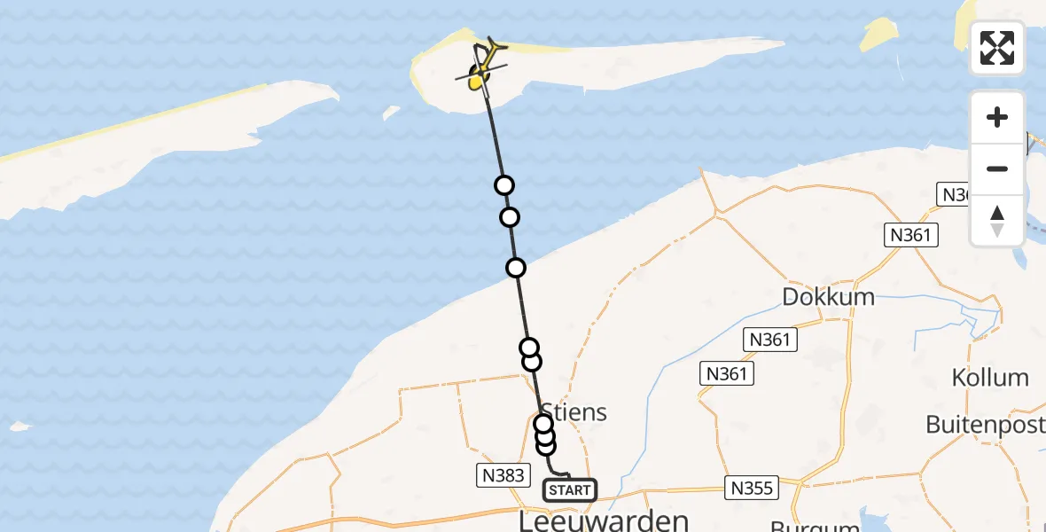 Routekaart van de vlucht: Ambulancehelikopter naar Ameland Airport Ballum, Keegsdijkje