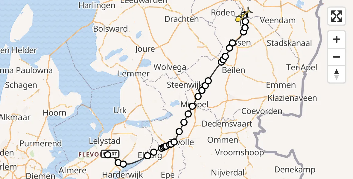Routekaart van de vlucht: Traumahelikopter naar Groningen Airport Eelde, Eendenweg