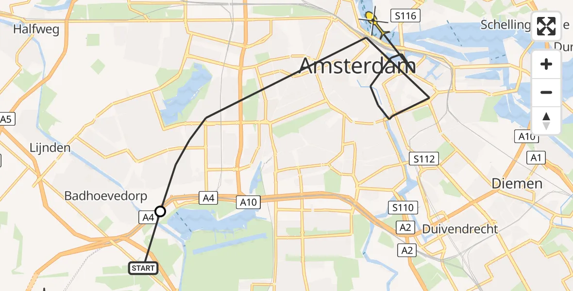 Vluchtroute Politiehelikopter van Schiphol naar Amsterdam